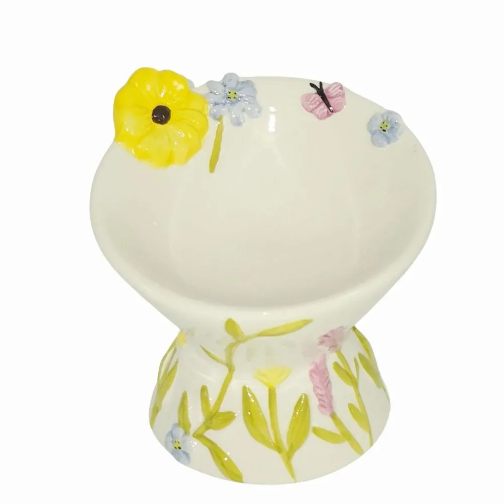 Mellow & Mod Raised Ceramic Cat Food And Water Bowl Floral Embossed Hand Painted